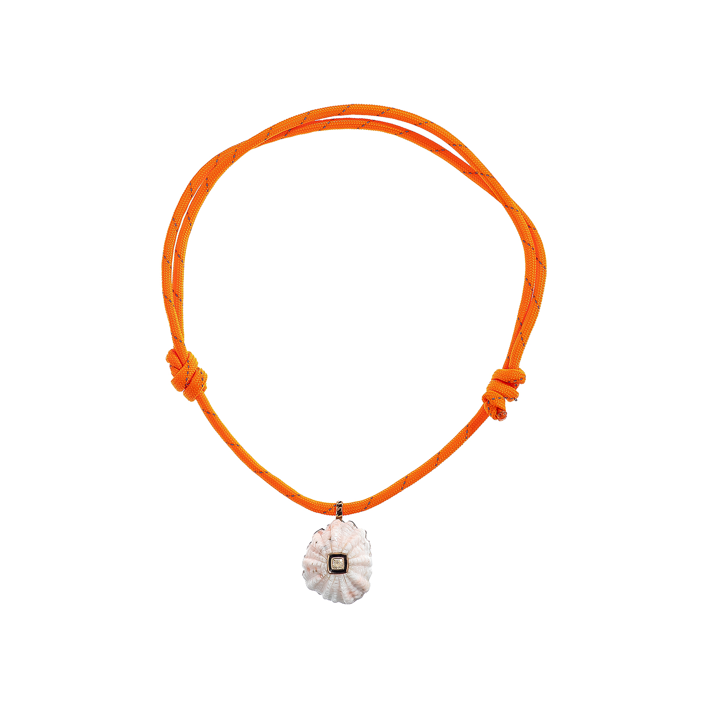 Dezso White Coral Barnacle Charm with Cushion Diamond and Black Enamel on Orange Cord Necklace