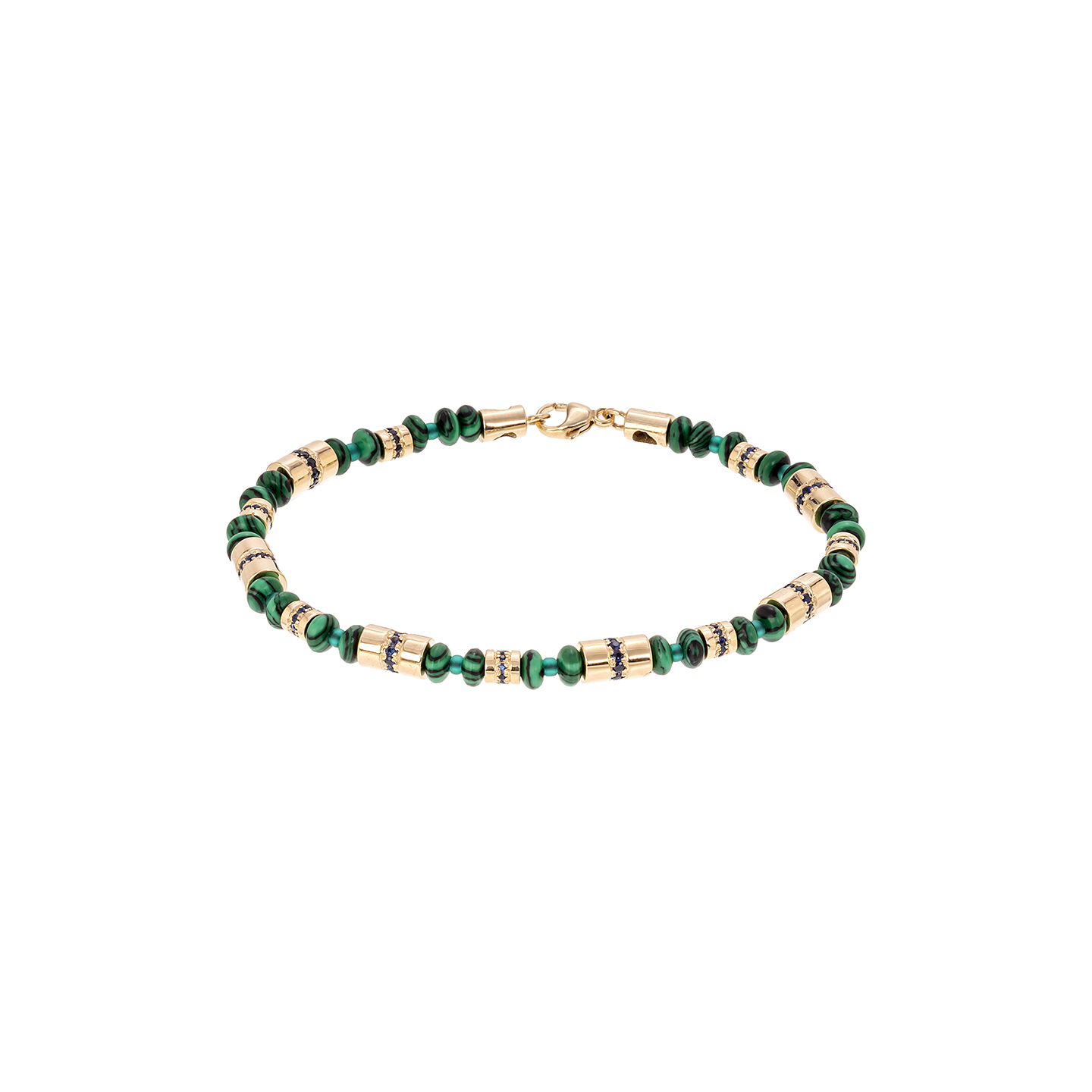 Luis Morais Gold Long and Short Roll Beads with Blue Sapphires on Gemstone Beaded Bracelet