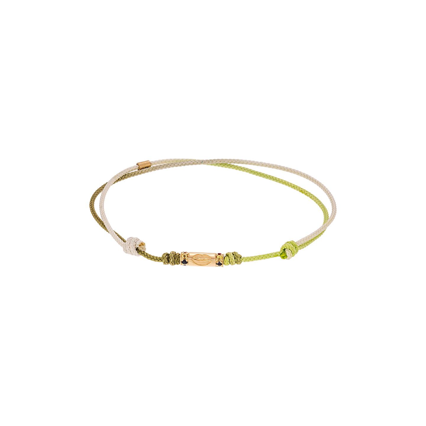 Luis Morais Gold Slim Tube with Engraved Lips Symbol and Rainbow Sapphire Channels on Cord Bracelet