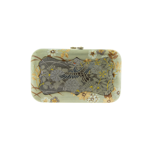 Silvia Furmanovich Marquetry Clutch with Crane Motif Embroidered Fabric with Brown Diamonds