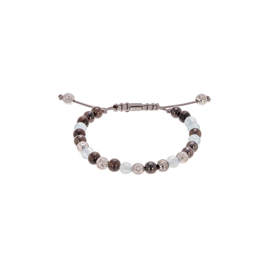 Shamballa Jewels 6mm Non-Braided Beaded Bracelet with Brown Sapphires, Milky Aquamarine, Ebony and Matte Brown Ceramic on Silver Cord