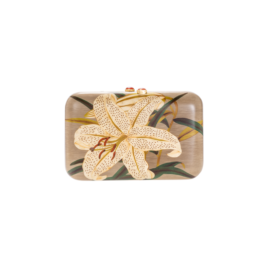 Silvia Furmanovich Marquetry Clutch with Moonstone and Grey lily Motif