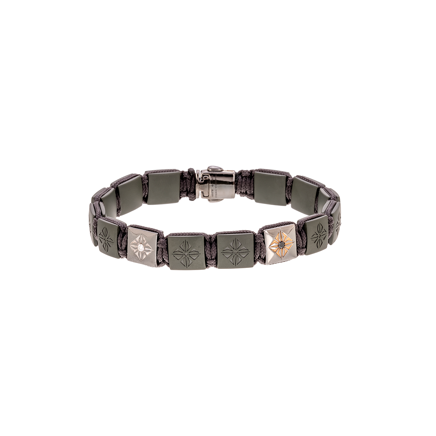 Shamballa Jewels 10mm Lock Bracelet with Matte Green Ceramic Beads on Charcoal Grey Cord