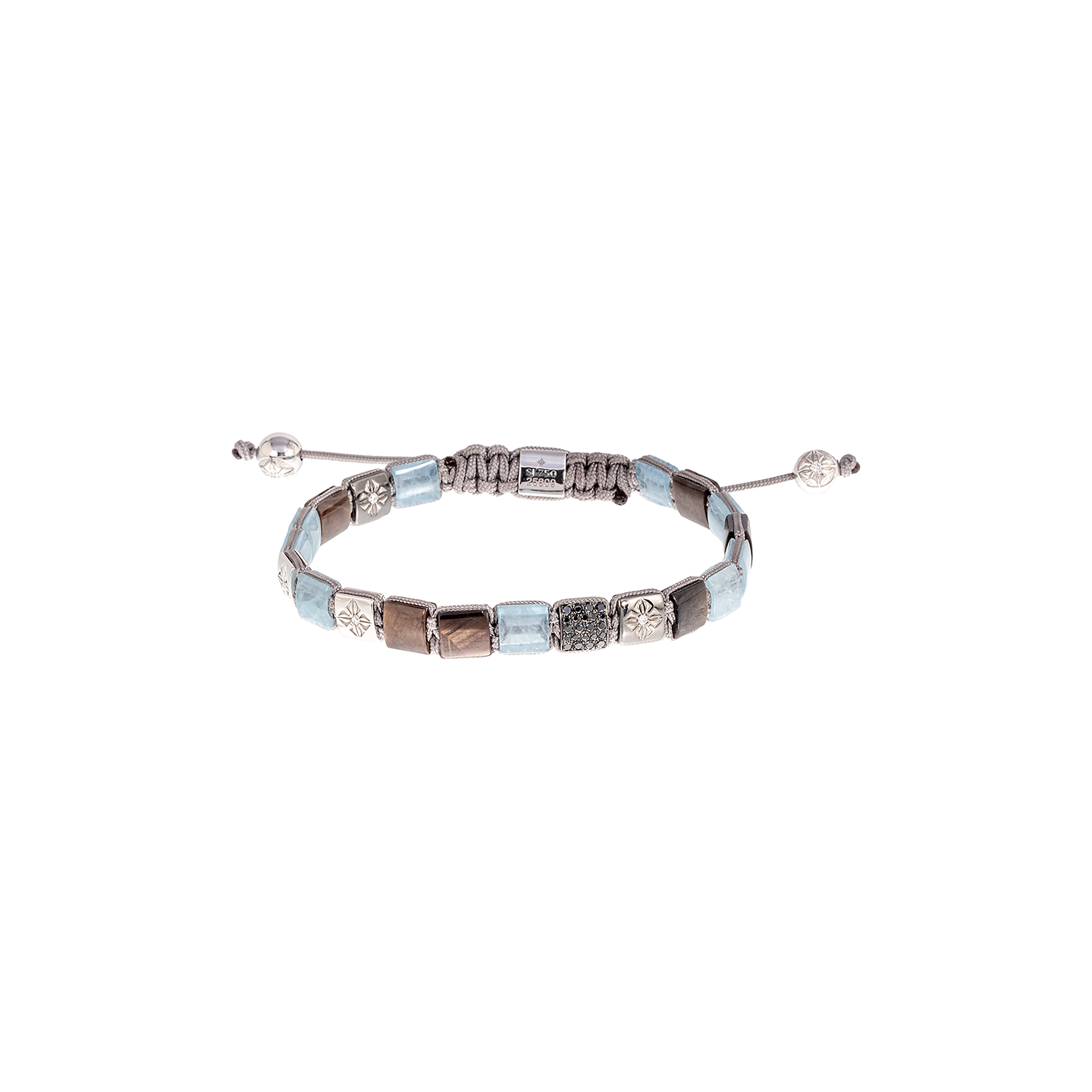 Shamballa Jewels 6mm Lock Bracelet with Milky Aquamarine, Brown Sapphires and Diamonds on Silver Cord