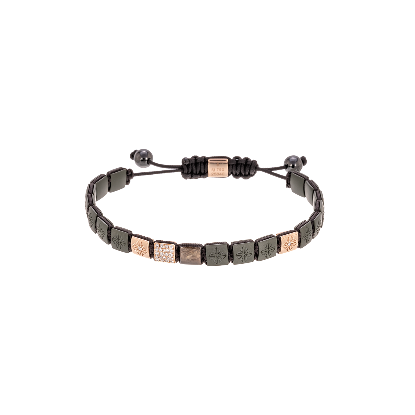 Shamballa Jewels 6mm Lock Bracelet with Rose Gold, Brown Saphhire and Matte Green Ceramic on Black Cord