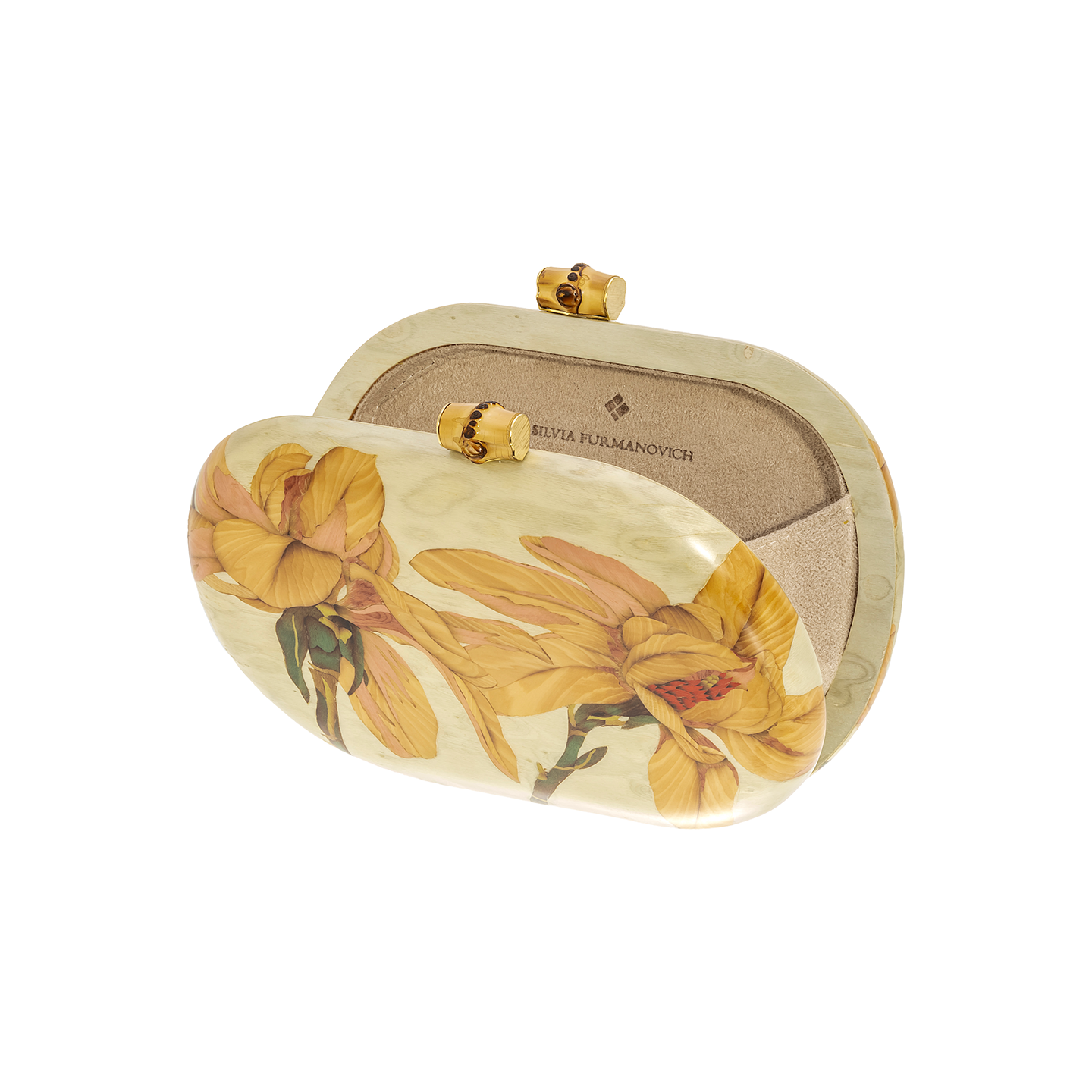 Silvia Furmanovich Marquetry Clutch with Bamboo and Floral Pattern