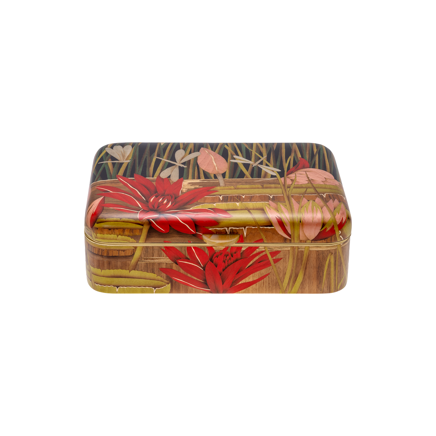 Marquetry Red Water Lily Flower Motif Box