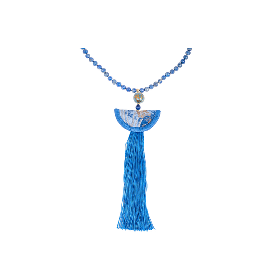 Silvia Furmanovich 'Silk Road' Necklace wit Sodalite and Dark Blue Silk Tassel and Marquetry Sphere
