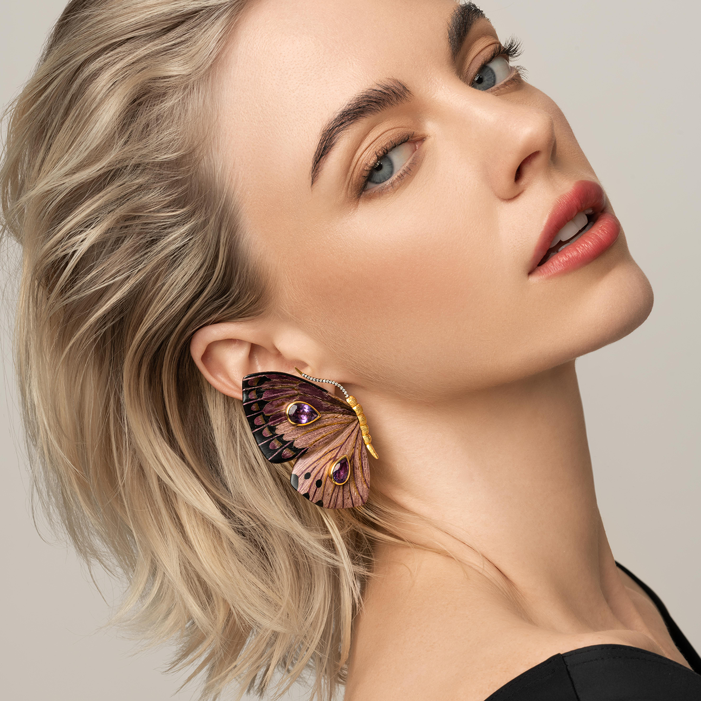 Silvia Furmanovich Marquetry Large Butterfly Earrings with Amethyst and Diamonds
