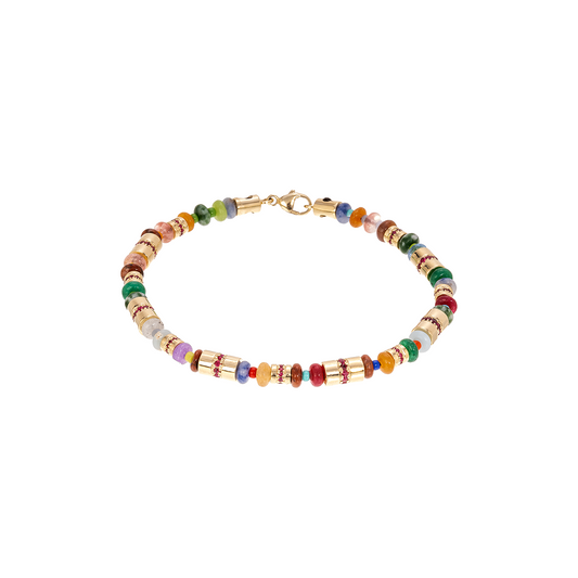 Luis Morais Gold Long and Short Roll Beads with Rubies on Gemstone Beaded Bracelet