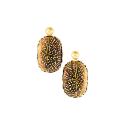 Silvia Furmanovich Marquetry Water Lily Earrings with Diamonds and Golden Pearls