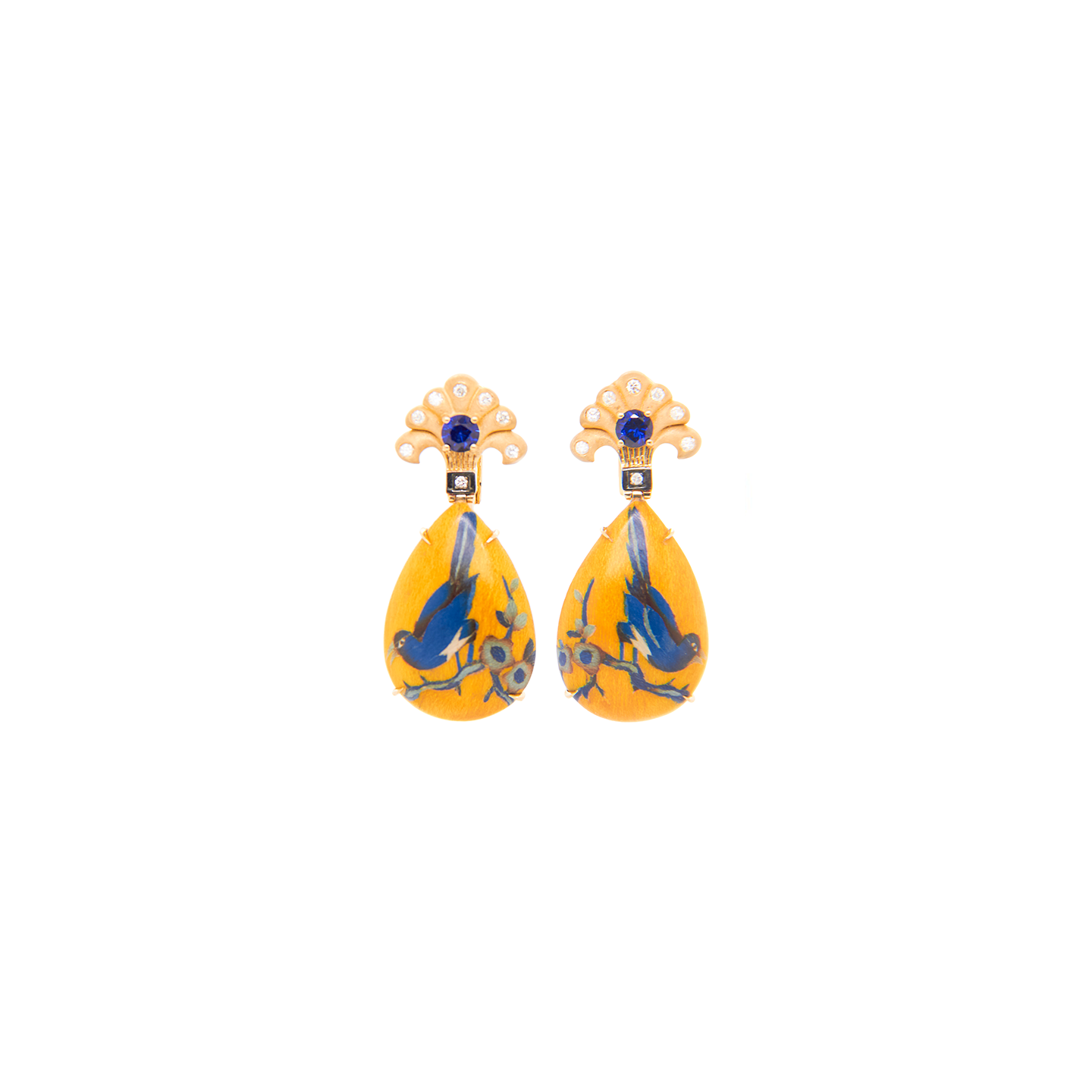 Silvia Furmanovich Marquetry Blue Bird Pattern Earrings with Diamonds and Blue Sapphires