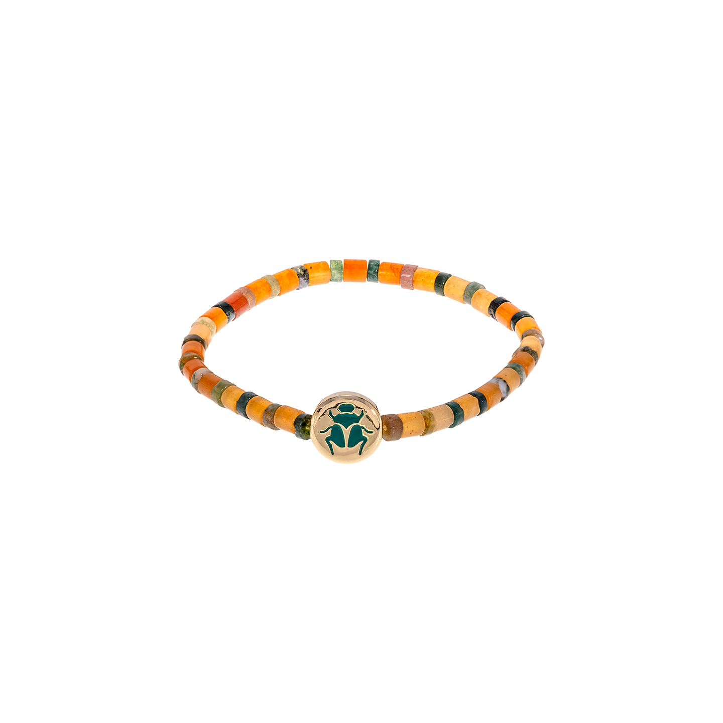 Luis Morais Large Disk with Enamel Scarab Symbol on Gemstone Beaded Bracelet
