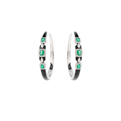 Nikos Koulis 'Oui' Hoop Earrings with Emeralds, White Diamonds and Black Enamel