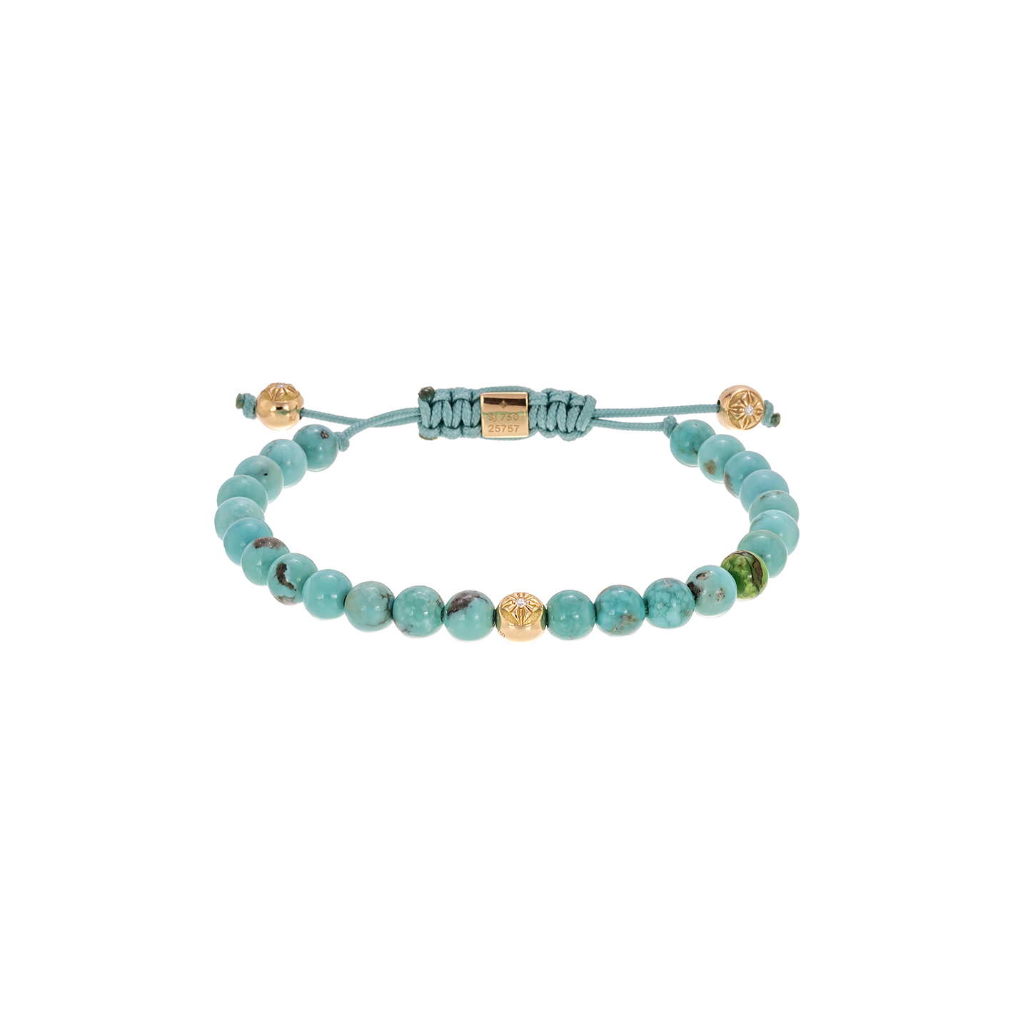 Shamballa Jewels 6mm Non-Braided Beaded Bracelet with Turquoise, Green Turquoise and Yellow Gold on Turquoise Cord
